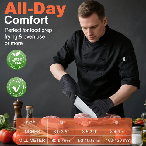 Chef wearing 10 Mil Nitrile Disposable Gloves Heavy Duty Chemical Resistant Diamond Grip cutting meat