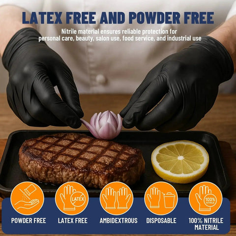 Chef wearing Nitrile Disposable Gloves 5 Mil Latex Free Powder Free Individually Wrapped, handling food on a plate.