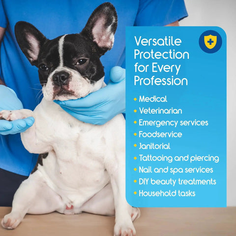 Person wearing Nitrile Exam Gloves Blue Large Latex Free Disposable For Medical EMT Use, holding a small dog