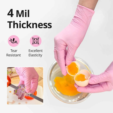 Nitrile Exam Gloves 4 Mil Medium Cherry Blossom Powder Free Latex Free Food Safe shown handling eggs and vegetables