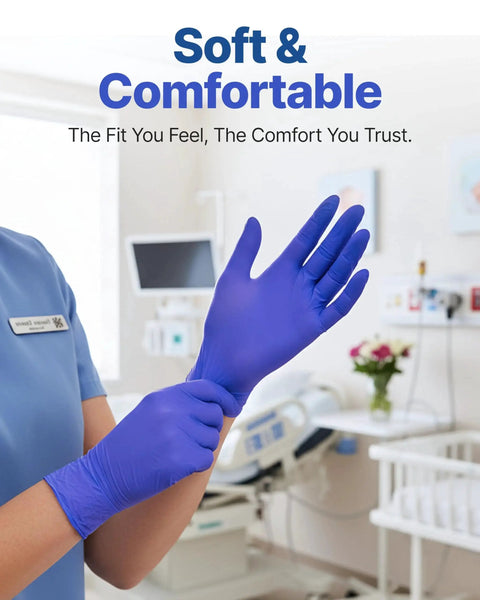 Person wearing Nitrile Exam Gloves Dark Blue Large Disposable Latex Free Food Safe 100 Count in a medical setting