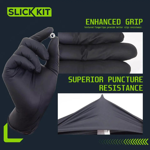 Nitrile Disposable Gloves 4 Mil Latex Free Powder Free Black XL 100 Count showcasing grip and puncture resistance.