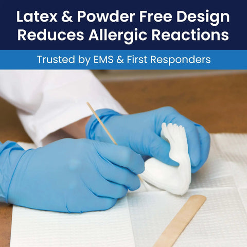 Person wearing Heavy Duty 8 Mil Nitrile Exam Gloves With Textured Grip Blue 2X-Large handling a medical model