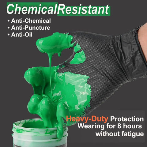 10 Mil Nitrile Disposable Gloves Heavy Duty Chemical Resistant Diamond Grip holding green paint