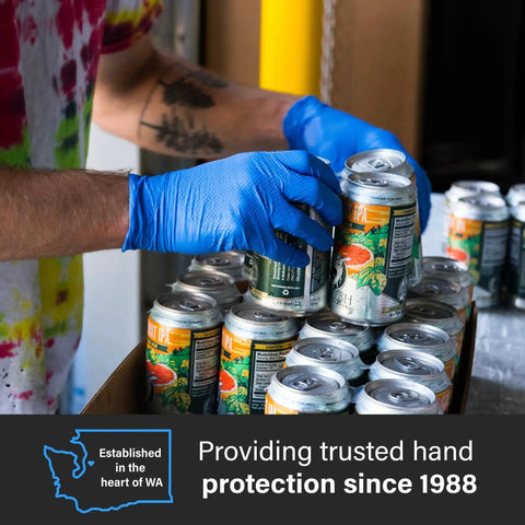 Person wearing nitrile disposable gloves 6 mil latex free diamond texture XX-large handling canned drinks