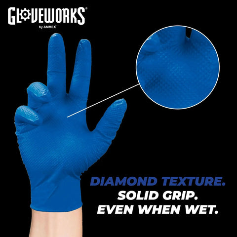 Blue Nitrile Disposable Gloves 6 Mil Latex Free Diamond Texture XX-Large close-up showing strong grip