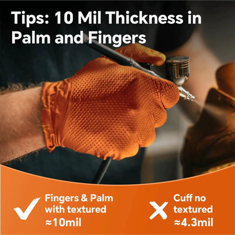 Close-up of hand wearing Nitrile Disposable Gloves Diamond Textured 10mil Heavy Duty XL Mechanic Gloves showing thick grip texture.