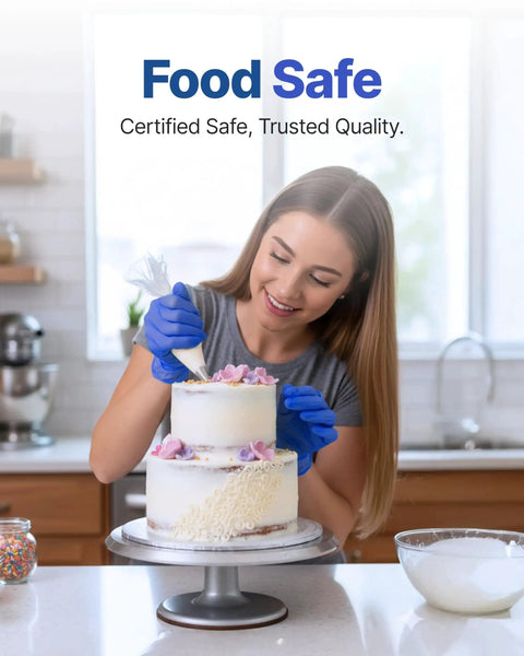 Nitrile Exam Gloves Dark Blue Large Disposable Latex Free Food Safe 100 Count used by woman decorating cake in kitchen