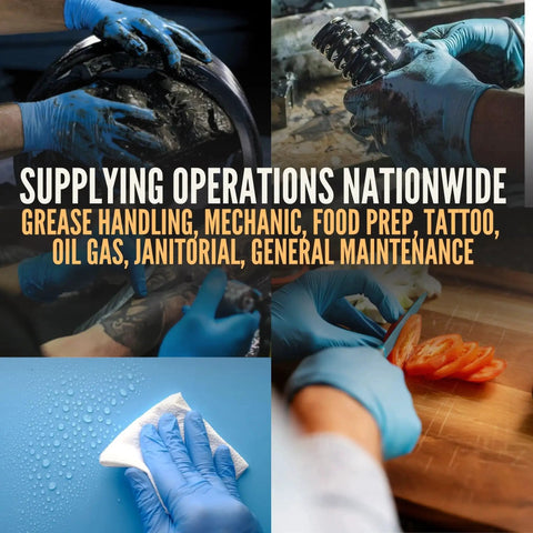 Collage of 5 Mil Nitrile Gloves XL Box of 100 Latex Free Mechanic Cleaning Gloves used in various tasks like mechanic and cleaning jobs.