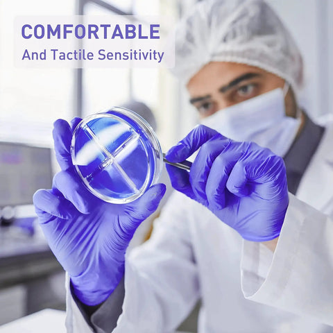 Person wearing heavy duty nitrile gloves handling glass dish, emphasizing comfortable fit for food handling, medium size, 100 count.