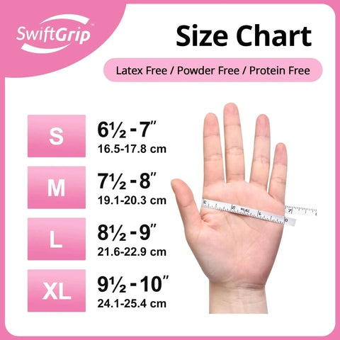 Size chart for Nitrile Exam Gloves 4 Mil Medium Cherry Blossom Powder Free Latex Free Food Safe