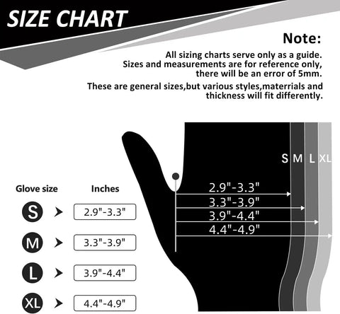 Size chart for Premium Nitrile Disposable Gloves 4 Mil Thick 100 Count Latex Free Powder Free Food Safe showing S to XL dimensions.