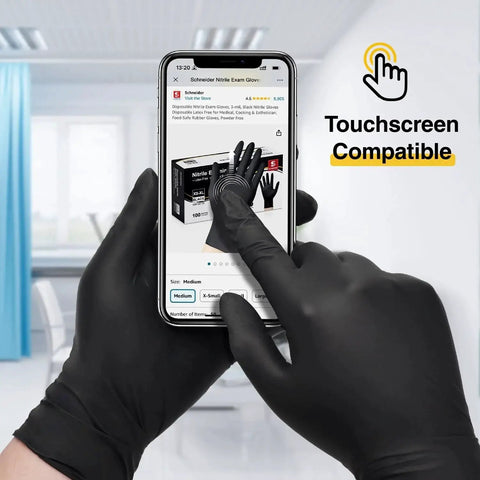 Person using touchscreen with black Nitrile Exam Gloves Latex Free Powder Free Disposable For Medical And Food Prep