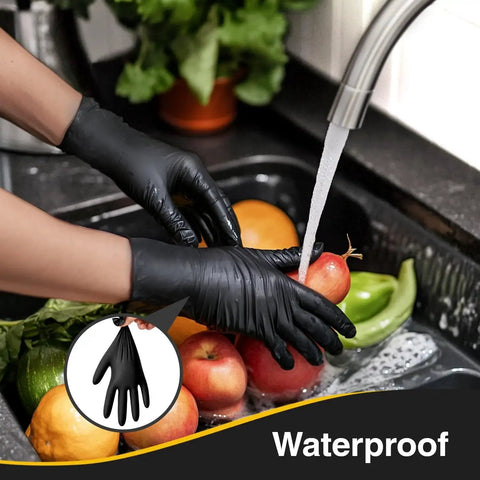 Person wearing nitrile exam gloves latex free powder free disposable for medical and food prep washing vegetables in sink