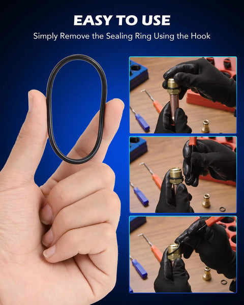 Hand holding Nitrile O-Ring, with close-ups of 826 Piece Nitrile Rubber O Ring Set In 32 SAE And Metric Sizes being installed or removed.