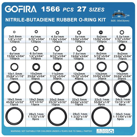 1566 Pcs O Ring Seal Kit With 27 Varieties In Nitrile Rubber For Automotive Plumbing Air And Water Fittings Display Chart