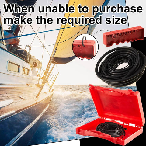 Buna N All In One O Ring Splicing Kit With 70A Nitrile Rubber O Ring Cord Kit Including 9 Sizes Rubber Strips Cutting Block Knife Glue Clamp Gloves For Automotive Hydraulic Plumbing Scuba Repair in red storage box on sailing background.