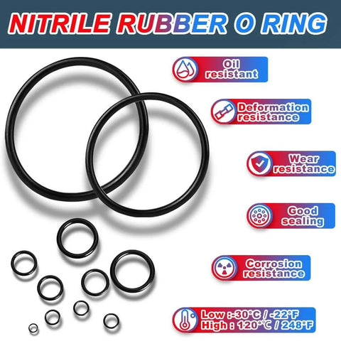 Ultimate Universal O Ring Kit Pro Grade With SAE And Metric Sizes 407 Pieces showing various nitrile rubber O rings.