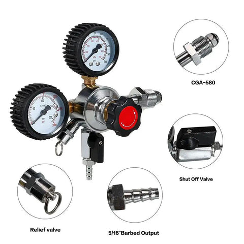 Nitrogen Beer Regulator CGA580 with dual gauge 0 to 100 PSI, showing relief valve and 5ft gas line for draft systems