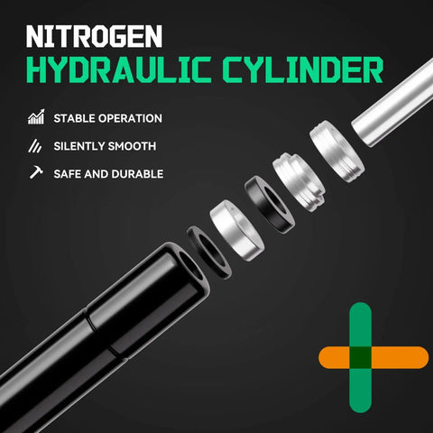 Diagram of nitrogen hydraulic cylinder showcasing stable, silent, and durable operation with labeled components visible.