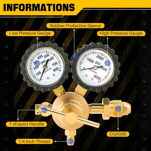 Premium Nitrogen Gas Regulator With Dual Gauges For HVAC Purging Brass Construction Durable And Reliable For Pro Shops