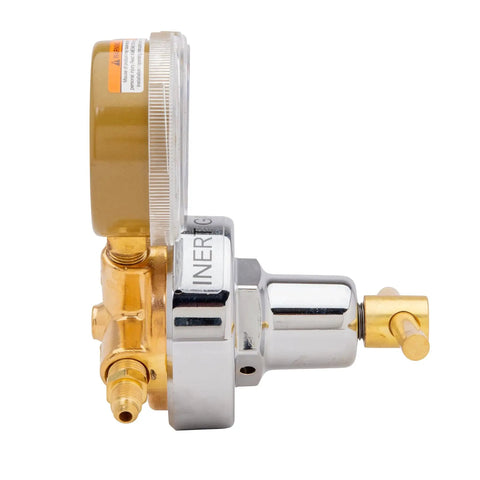 Side view of Nitrogen Purging Regulator For HVAC And Blanketing With CGA 580 Connection 25GX Model, single-stage, brass finish