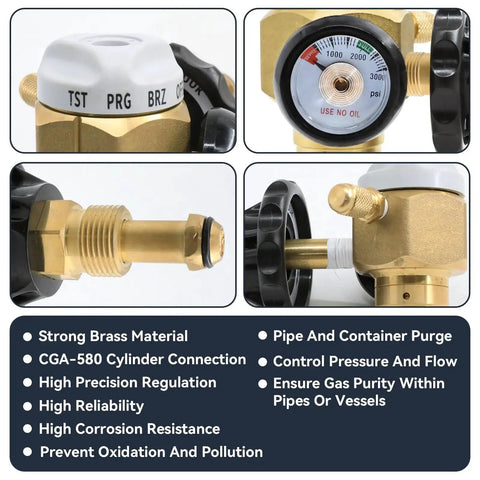 Nitrogen Purge Control Valve Regulator And Flow Meter Hybrid Design For Leak Testing with 500 psi capacity, brass construction.