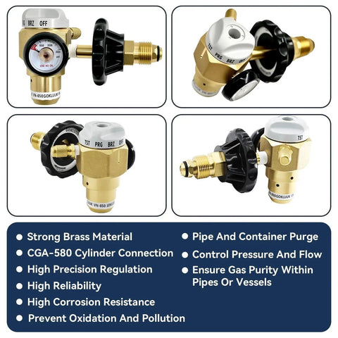 Nitrogen Purging Regulator VN650 With 650 PSI Flow Meter, brass body with quarter-inch male flare outlet and control knob.