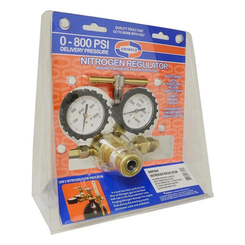 Premium Nitrogen Regulator With 0 to 800 PSI Delivery For Industrial Gas Use CGA580 Inlet One Quarter Inch Male Flare Outlet Two Inch Gauges