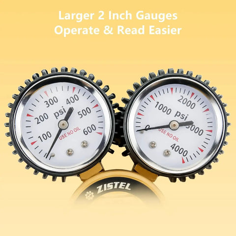 Close-up of Zistel nitrogen regulator gauges with 0-600 PSI delivery pressure for precise control in HVAC and brewing.
