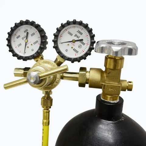 Premium Nitrogen Regulator With 0 to 800 PSI Delivery For Industrial Gas Use CGA580 Inlet And One Quarter Inch Male Flare Outlet With Clear Two Inch Gauges And Protective Boots Brass Piston Diaphragm Self Sealing Relief Valve Uniweld