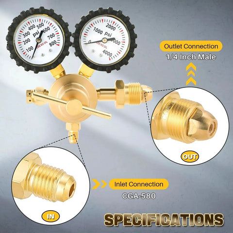Nitrogen Gas Regulator With Zero To Eight Hundred PSI Delivery Range One Quarter Inch Male Outlet CGA580 Inlet Detail View