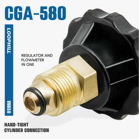 Close-up of nitrogen purging regulator CGA-580 connection, brass body for precise leak testing and welding protection.