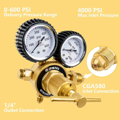 Nitrogen Regulator With 0 To 600 PSI Delivery Pressure CGA580 Inlet Connection And One Quarter Inch Male Flare Outlet, dual gauge