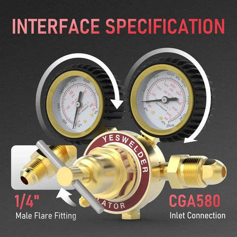 Nitrogen Regulator With Hose for HVAC Purging and Inertization showing gauge details, CGA580 inlet, and 1/4 inch male flare fitting.