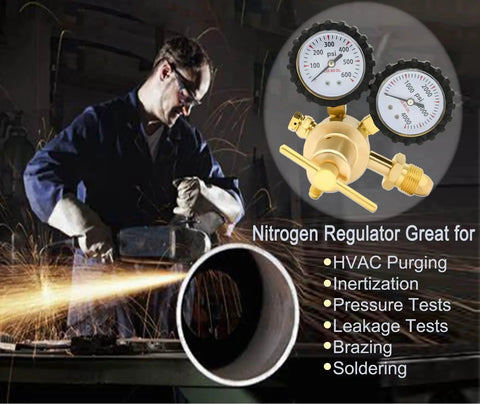 Man using nitrogen regulator 0 to 600 PSI CGA580 inlet for HVAC purging and soldering shown with heavy duty handle and gauges.