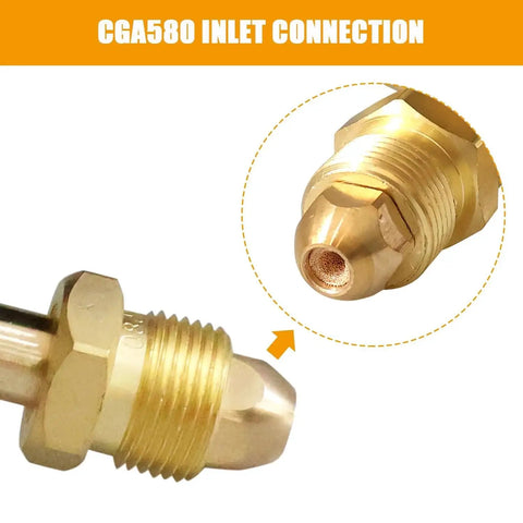 Close-up of CGA580 inlet connection on nitrogen regulator for HVAC purging and pressure tests