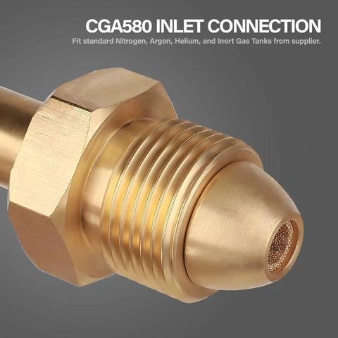 Close-up of CGA580 inlet connection of Nitrogen Regulator With 0-600 PSI Delivery, 60 Inch Hose, 1 Quarter Inch Male Flare Outlet