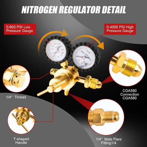 Nitrogen Regulator For HVAC Pressure Testing With 0 to 800 PSI Delivery And 1 Quarter Inch Male Flare Outlet, 78.7 Inch Hose, Brass CGA580 Inlet details