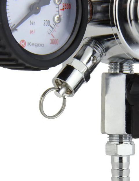 Close-up of nitrogen regulator for draft beer with chrome finish multi stage control for precise output, Kegco compatible gauge.