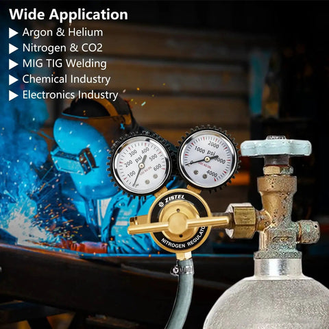 Nitrogen Regulator With 0 To 600 PSI Delivery Pressure CGA580 Inlet Connection And One Quarter Inch Male Flare Outlet for purging and welding applications.