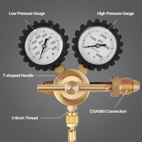Pro Nitrogen Regulator With 0 To 800 PSI Delivery Pressure showing pressure gauges, CGA580 connection, and quarter inch thread outlet