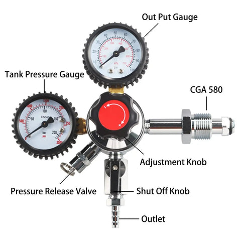 All In One Draft Beer Nitrogen Regulator With Dual Gauges For Keg Systems CGA 580 Compatible Chrome Plated Body Pressure Release Valve