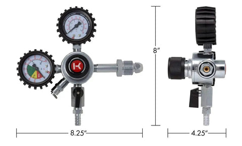 Nitrogen Regulator For Draft Beer With Chrome Finish Multi Stage Control For Precise Output Durable Commercial Grade Build Hose Barb Fits 5 16 Inch ID Tubing Kegco Compatible Perfect For Kegerators And Bar Setups At Home Or In Bars, front and side view with dimensions.