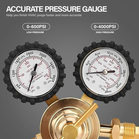 Close-up of dual gauges on Nitrogen Regulator With 0-600 PSI Delivery, 60 Inch Hose, CGA580 Inlet, 1 Quarter Inch Male Flare Outlet