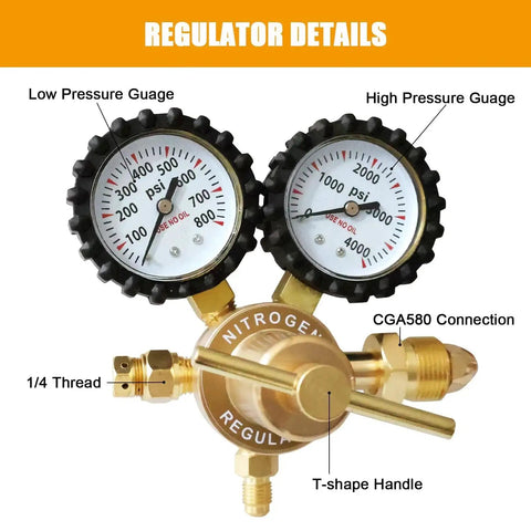 Nitrogen Regulator With 6.6 Ft Hose, 0 to 800 PSI Outlet, clear 2 inch gauge boots, CGA580 inlet, T-shape handle in detail view