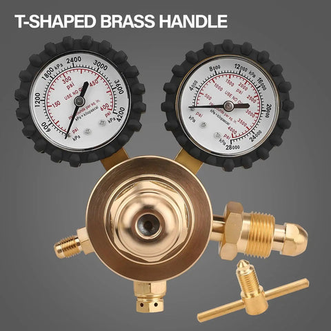 Nitrogen Regulator With 0-600 PSI Delivery, 60 Inch Hose, CGA580 Inlet, 1 Quarter Inch Male Flare Outlet, dual gauges close-up