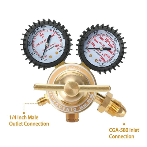 Nitrogen Regulator Kit With A 78.7 Inch Hose For Safe Tank Distance In Soldering And Welding Projects, showing dual gauges and brass construction.
