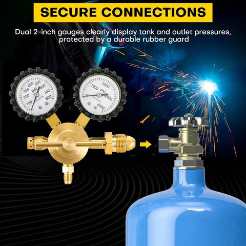 Heavy Duty Nitrogen Regulator For HVAC Purging And Pressure Charging With 0 To 800 PSI Range, Brass Body, Dual Gauges, CGA580 Inlet