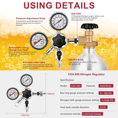 Image illustrating using details for Draft Beer Nitrogen Regulator With Dual Gauges For Nitro Systems 0 To 3500 PSI Tank And 0 To 100 PSI Output CGA580 With Relief Valve 5/16 Inch Outlet Barb Ideal For Beer Kegs Home Brewing Kegerators And Brewpubs.